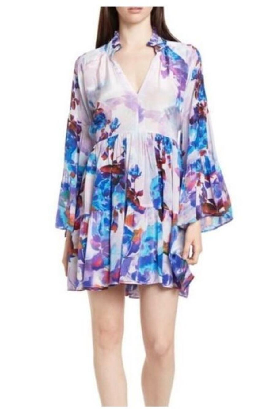 Shahida Parides Floral Print Silk Blouson Sleeve Dress Size XL
